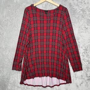 Intro Stretch Tunic Shirt Womens 2X Red Plaid Long Sleeve Plus Size Tartan Knit